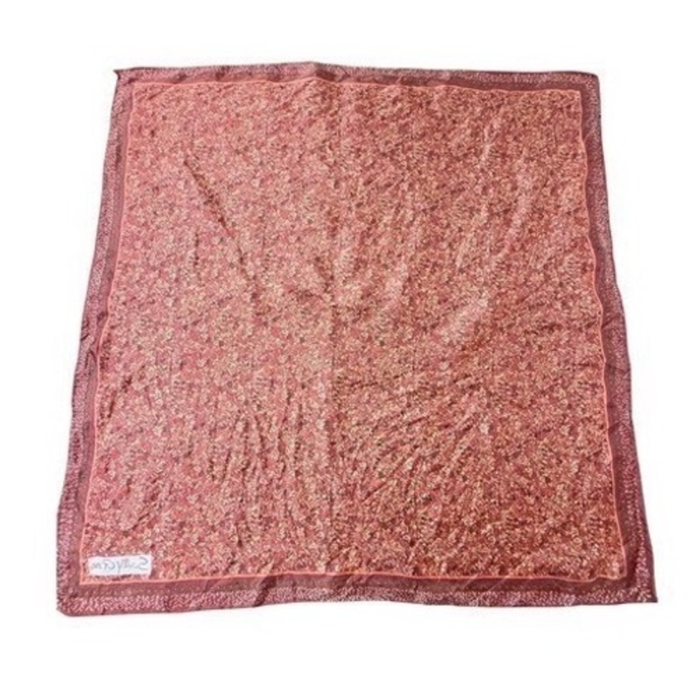Sally Gee Square Scarf Red Orange Tan Floral Print Border Trim About 22-23‎ In
